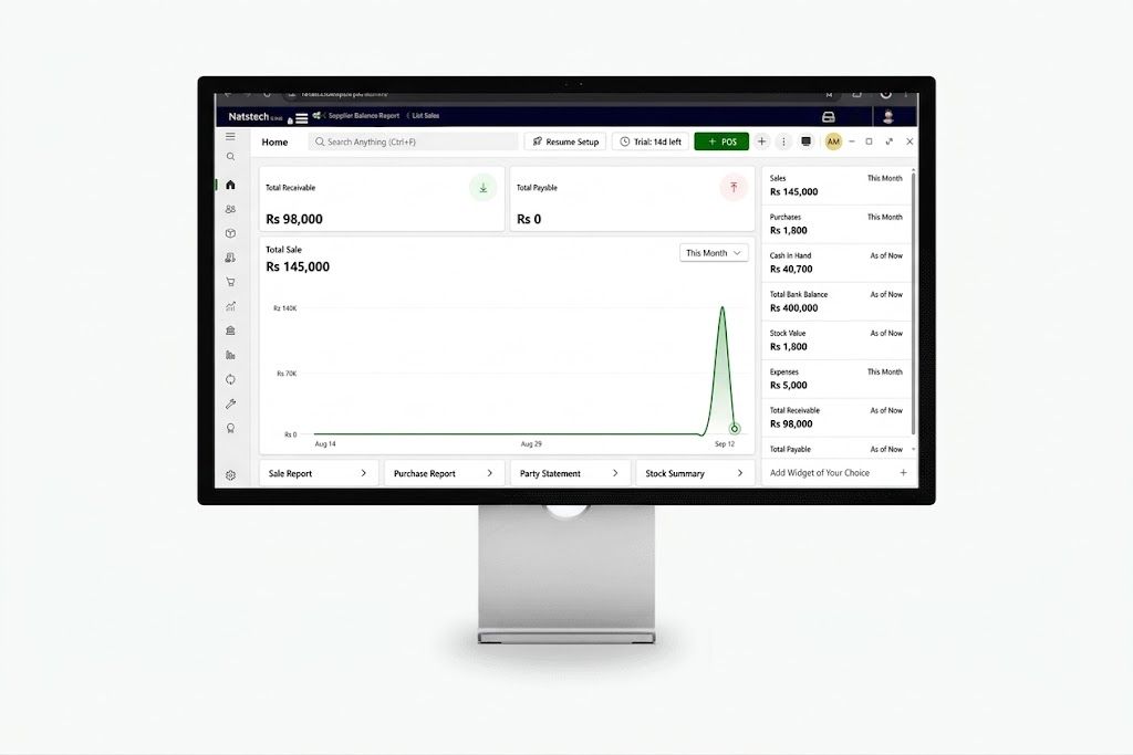 Dashboard der besten kostenlosen Kassensoftware mit Verkaufsverfolgung, Lagerkontrolle und Abrechnungsfunktionen.