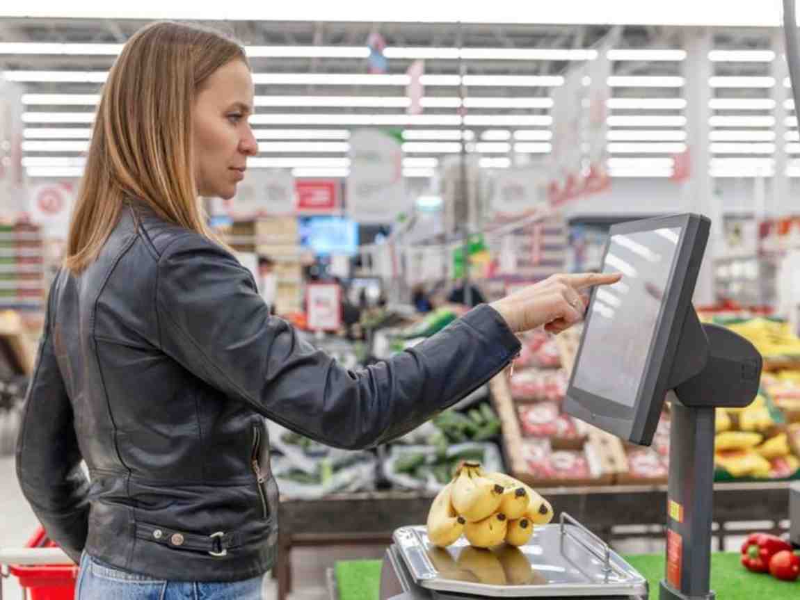 Dashboard screenshot showing grocery billing screen with barcode scanning and inventory panel.