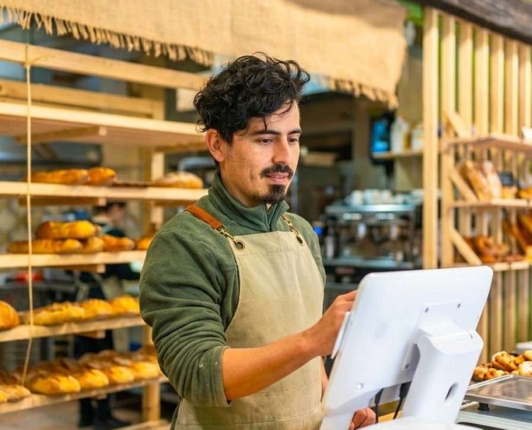 Bakery employee managing orders using bakery POS software